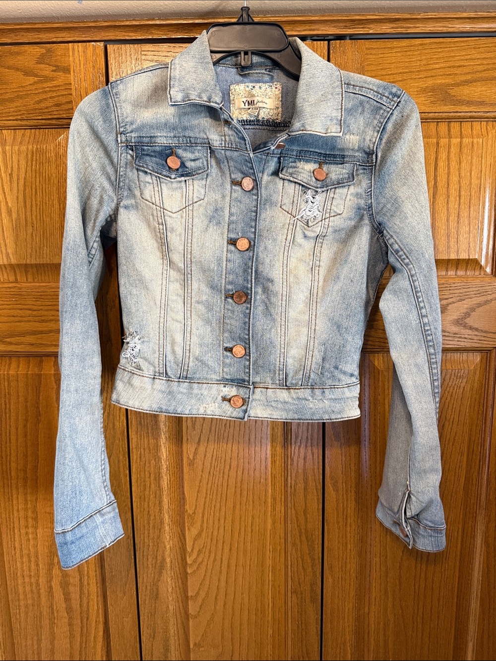 YMI Light Wash Distressed Denim Jacket - Faded Blue-Small